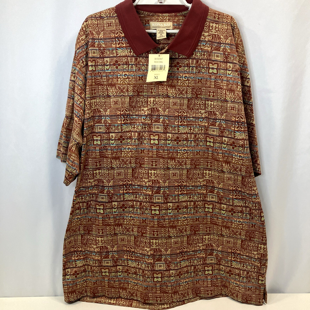 Kona Kai Trading Company Polo Shirt Mens XL Brown Red Batik Geometric Cotton